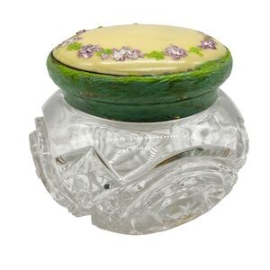 Vintage glass vanity dresser powder jar decorative floral metal lid handpainted
